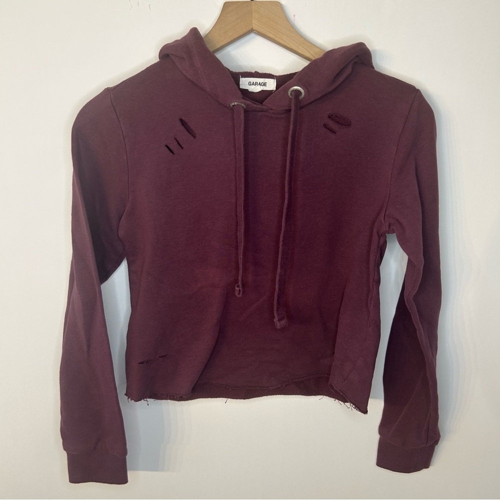 Garage Women’s Burgundy Distressed Cropped Hoodie, Size XS - Picture 2 of 11